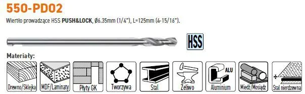 Wiertlo pilotujące HSS PUSH&LOCK, ?6,35 mm (1/4") CMT (nr kat. 550-PD02)