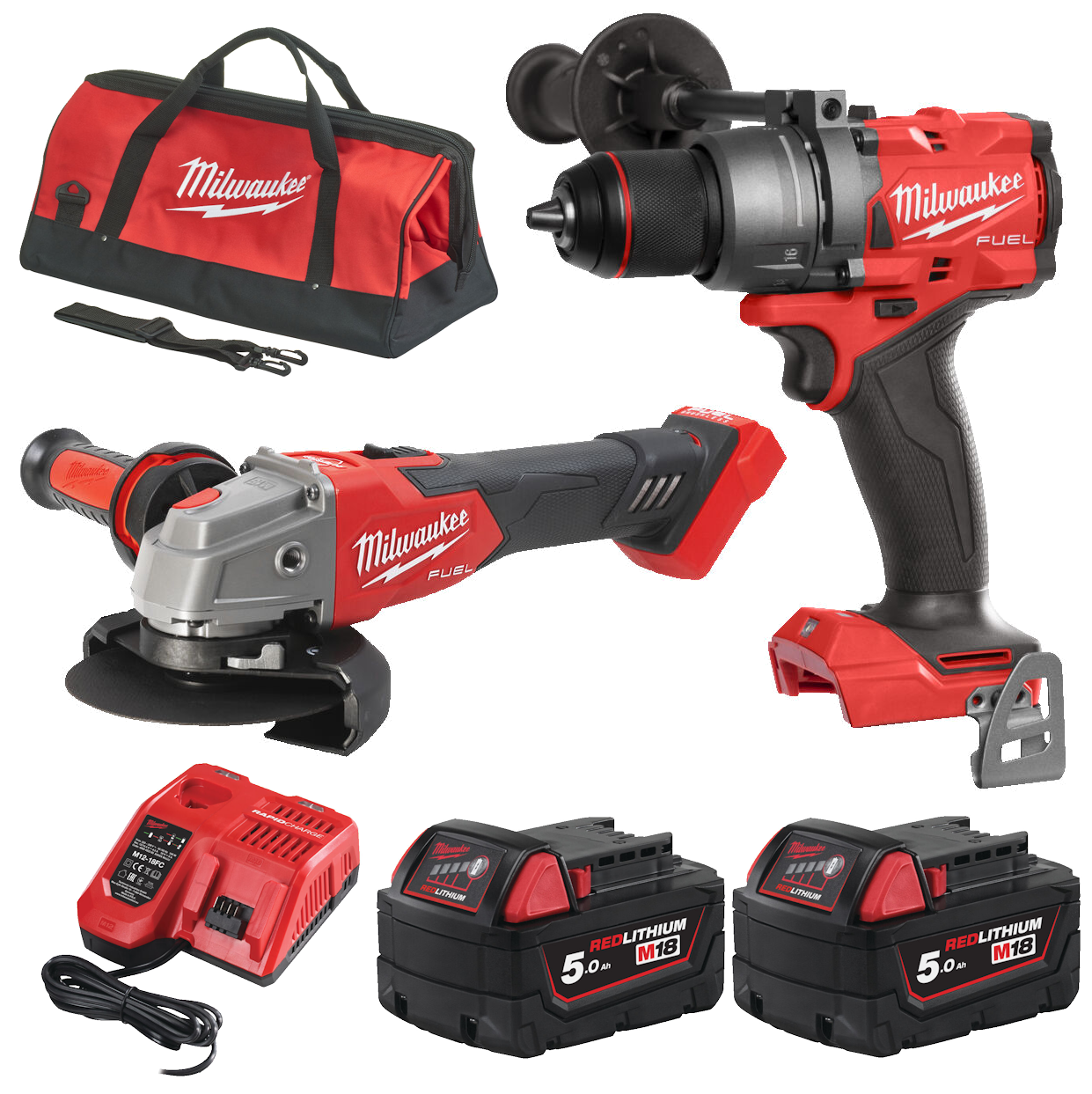 Wiertarko-wkrętarka M18 FPD3 + szlifierka M18 FSAGV125XB + 2 x akumulator M18 B5 + ładowarka M12-18FC + torba Milwaukee